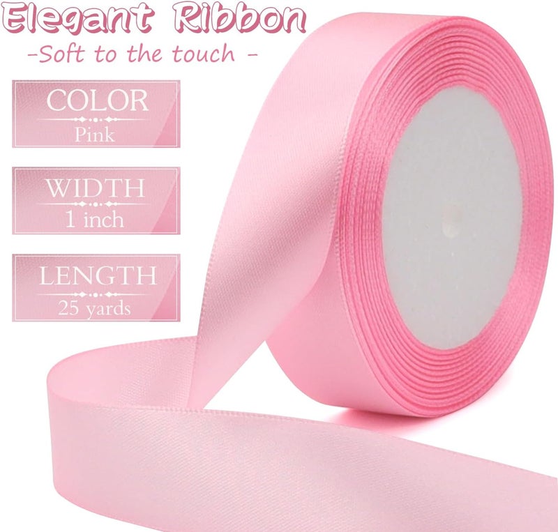 Riunbb Pink Solid Satin Ribbon 1 Inch 25 Yards Solid Polyester Fabric Ribbon for Gift Wrapping Wedding Christmas Baby Shower Birthday Party Decoration Handmade Immortal Flower Craft - Image 2